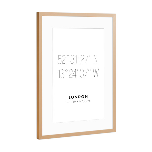 Poster mit Rahmen Kupfer "Koordinaten London" artboxONE - Städte,Städte / London,Reise,Schwarzweiß,Kartografie