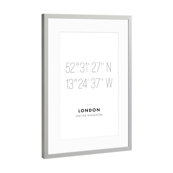 Poster mit Rahmen Silber "Koordinaten London" artboxONE - Städte,Städte / London,Reise,Schwarzweiß,Kartografie