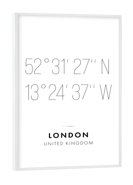Poster mit weißem Rahmen "Koordinaten London" artboxONE - Städte,Städte / London,Reise,Schwarzweiß,Kartografie