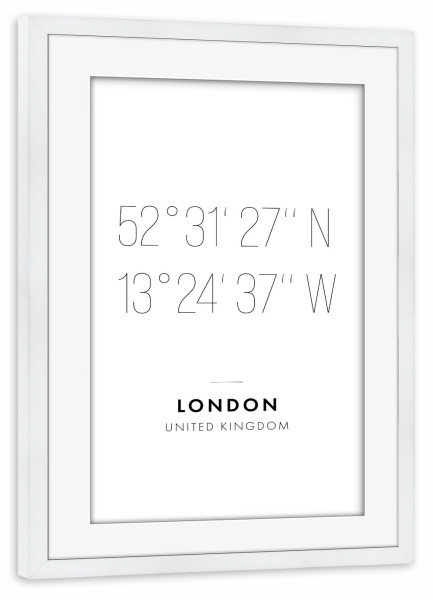 Poster mit Rahmen weiß "Koordinaten London" artboxONE - Städte,Städte / London,Reise,Schwarzweiß,Kartografie