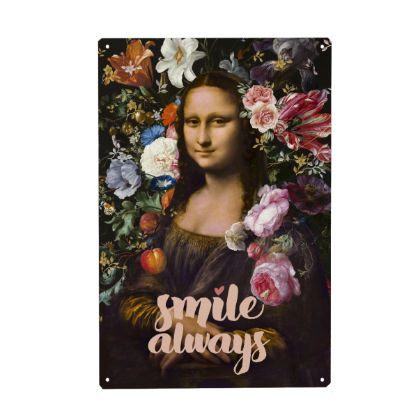Metall Poster "Lächle immer, Mona Lisa" artboxONE - Floral,Menschen - Mona,Lisa,Renaissance,Klassik,Porträt,Davinci,Romantik,Blumen,Frau,Weiblich