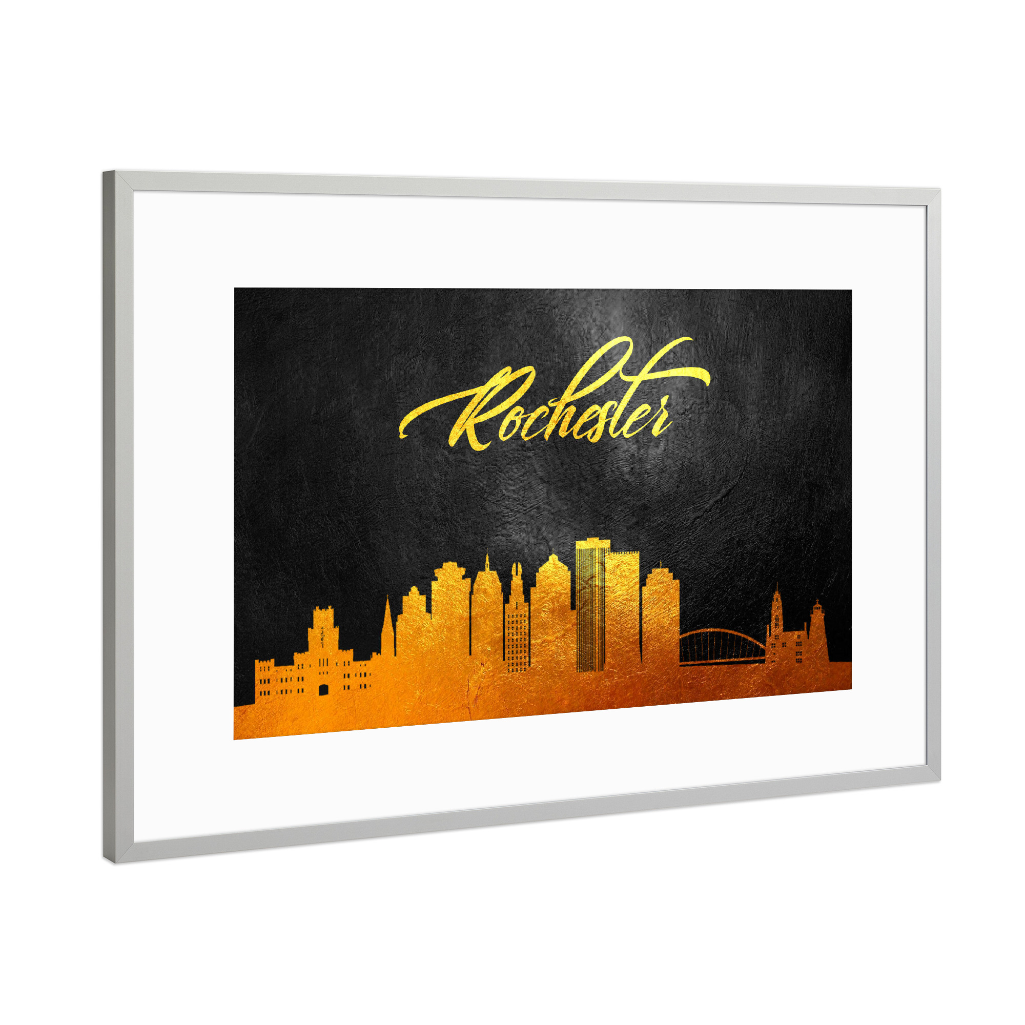 Poster mit Rahmen Silber "Rochester-New York-Gold" artboxONE - Städte - Rochester,New york,Gold,Skyline,Stadt