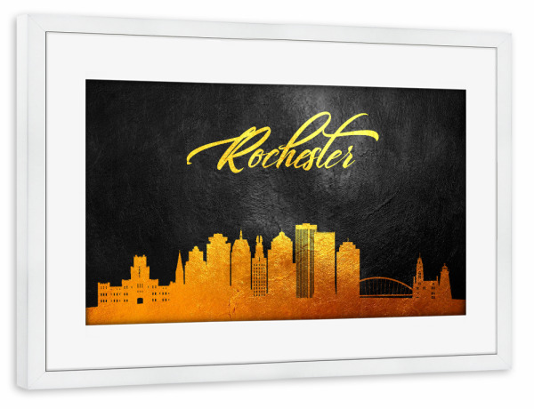 Poster mit Rahmen weiß "Rochester-New York-Gold" artboxONE - Städte - Rochester,New york,Gold,Skyline,Stadt