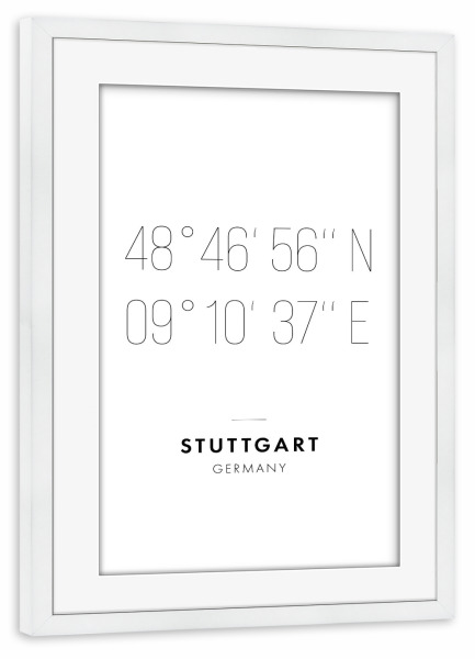Poster mit Rahmen weiß "Koordinaten Stuttgart" artboxONE - Städte,Reise,Schwarzweiß,Städte / Stuttgart,Kartografie