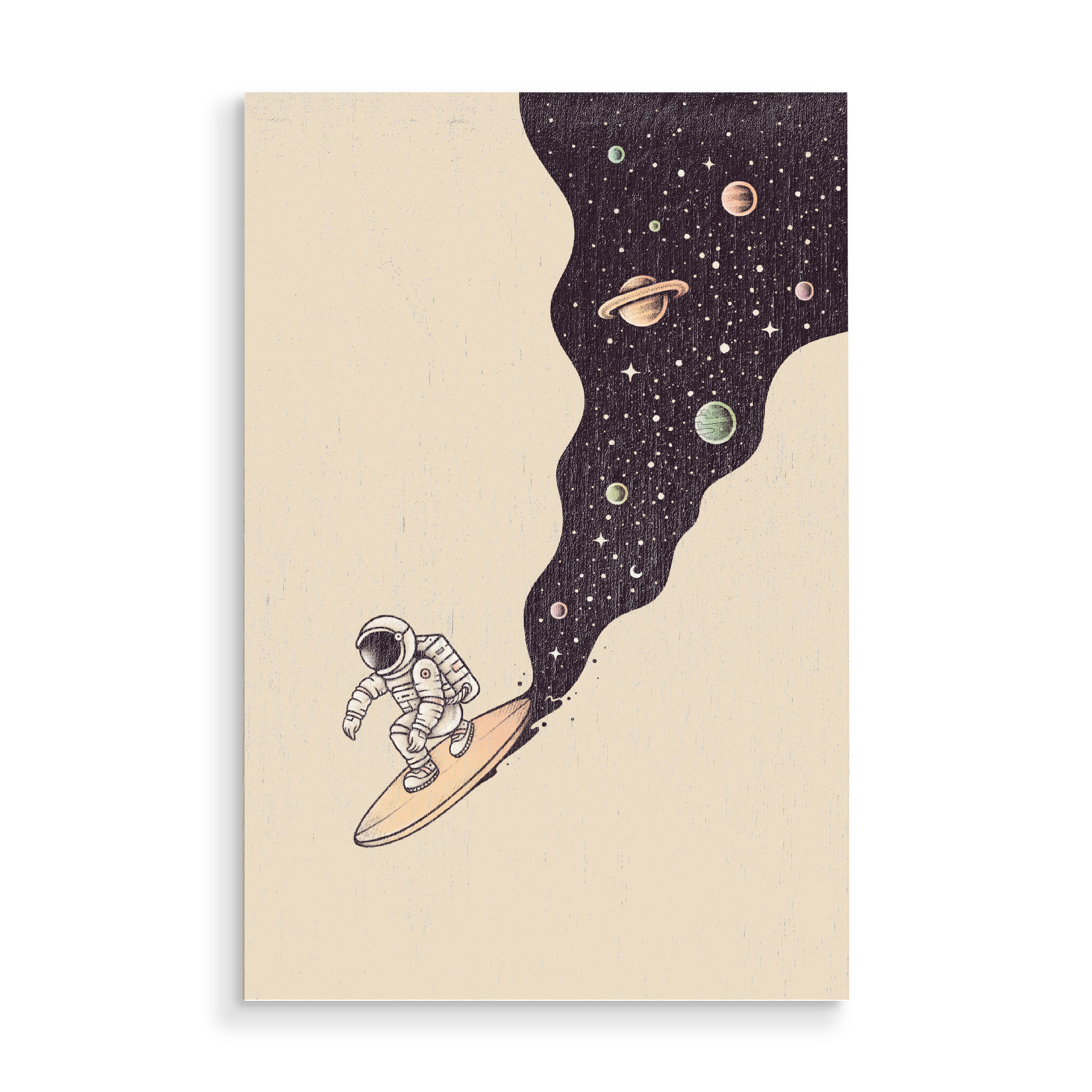 Holzbild "Enkel Dika - Explore the Unknown" artboxONE - Comic,Sport,Galaxy - Astronaut,Galaxie,Weltall,All,Planet,Surfing,Surfen,Wasser,Sport,Himmel