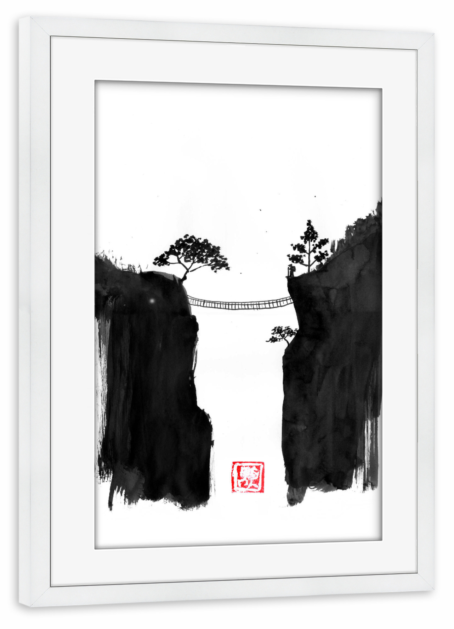 Poster mit Rahmen weiß "Affenbrücke und Reisender" artboxONE - Natur,Schwarzweiß - Berg,Sumie,Japan,Reisen,Affenbrücke,Schwarzweiß