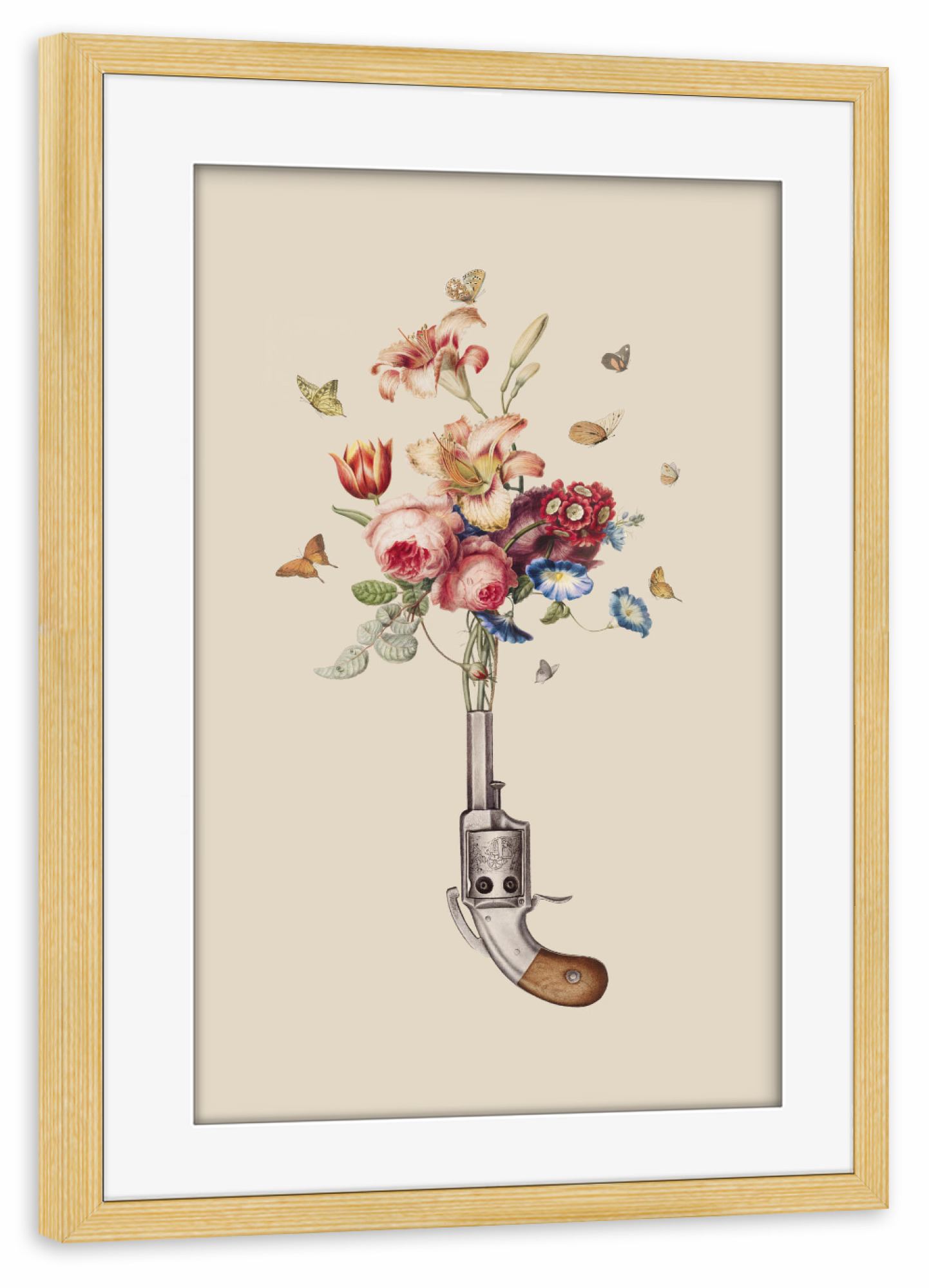 Poster mit Rahmen kiefer "Enkel Dika - Choose Peace" artboxONE - Natur,Floral,Fiktion - Natur,Pflanze,Blüte,Blume,Blumenstrauß,Waffe,Pistole,Frieden