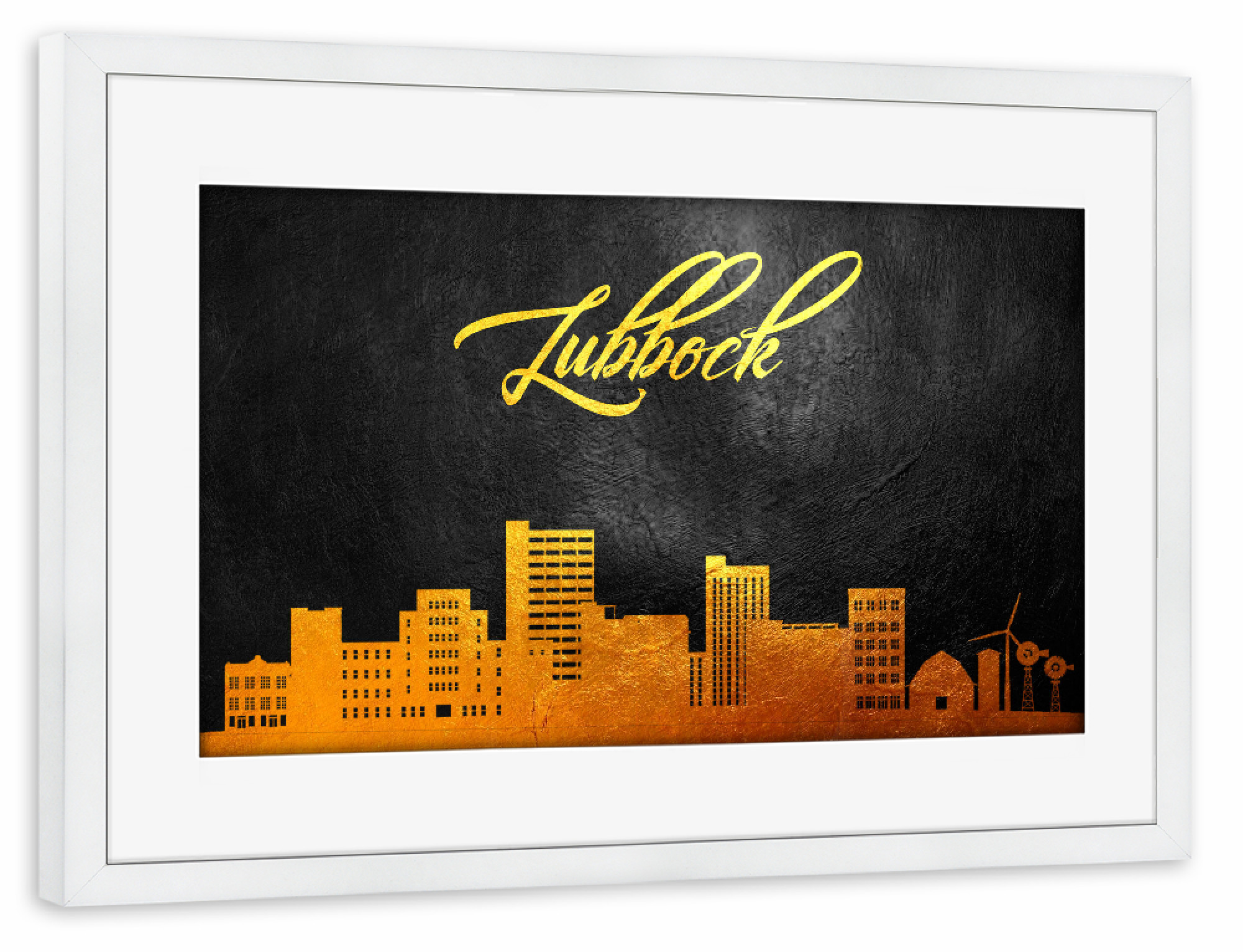 Poster mit Rahmen weiß "Lubbock Texas Gold Skyline" artboxONE - Städte - Lubbock,Texas,Gold,Skyline,Stadt