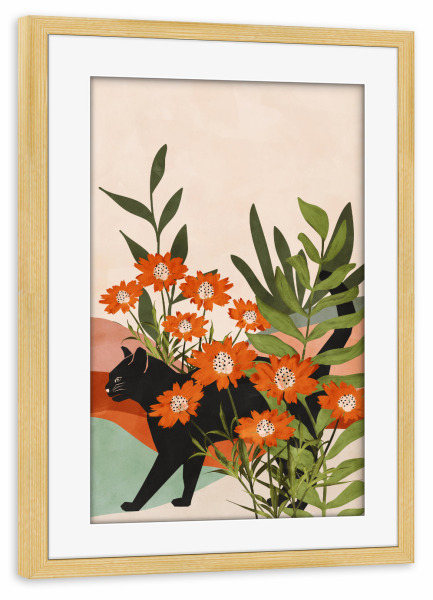 Poster mit Rahmen kiefer "Katze im Blumengarten" artboxONE - Floral,Tiere