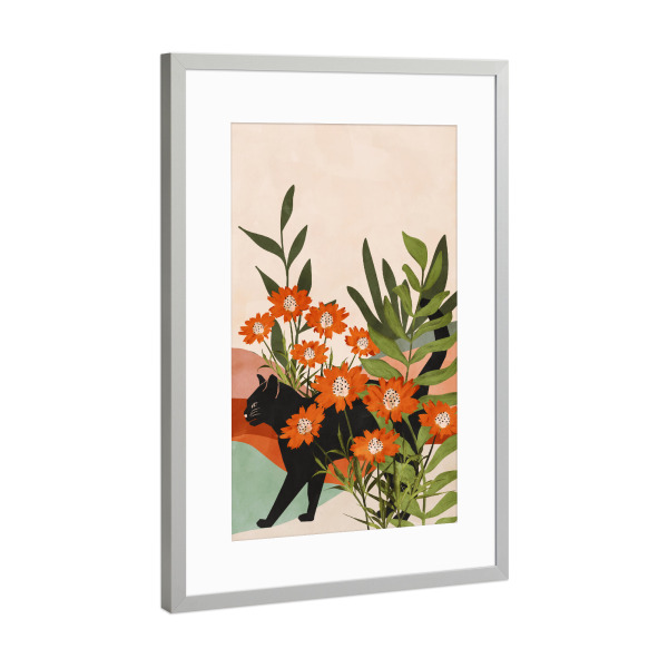Poster mit Rahmen Silber "Katze im Blumengarten" artboxONE - Floral,Tiere
