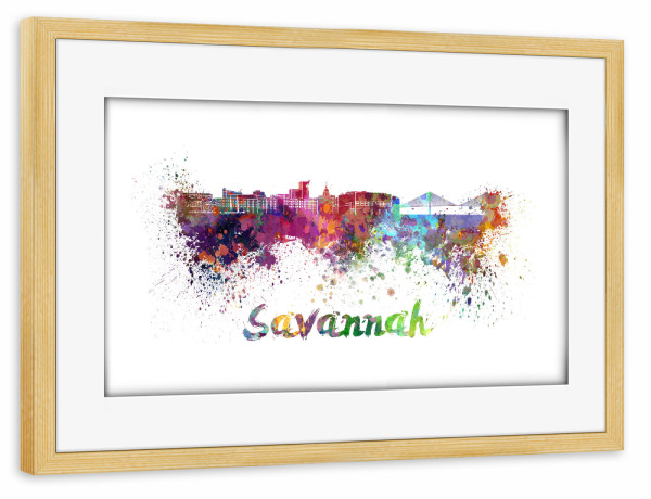 Poster mit Rahmen kiefer "SAVANNAH-Skyline im Aquarell" artboxONE - Städte,Abstrakt,Architektur