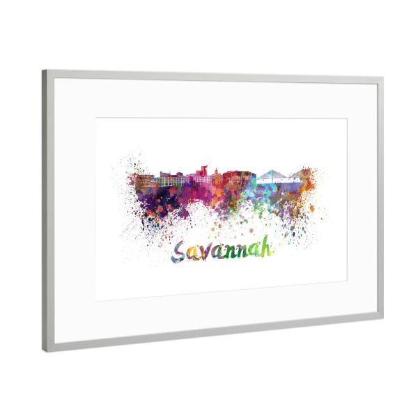 Poster mit Rahmen Silber "SAVANNAH-Skyline im Aquarell" artboxONE - Städte,Abstrakt,Architektur