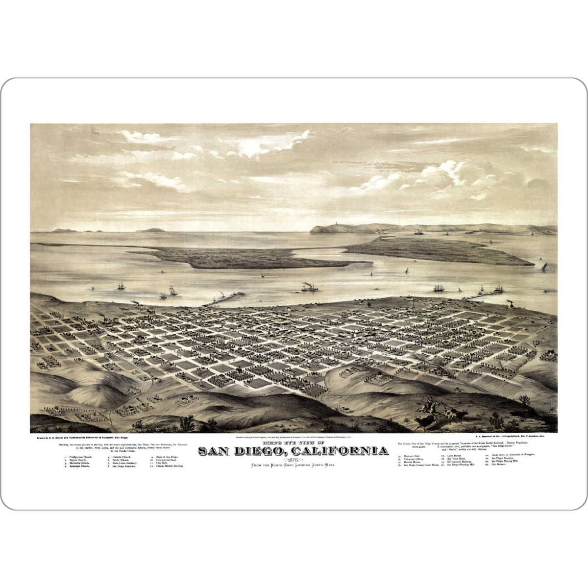 Tischset "Karte von San Diego" artboxONE - Kartografie - Karte,Bauplan,Jahrgang,Antik,Retro,Alt,Karten,Karte der welt,Illustration,San diego