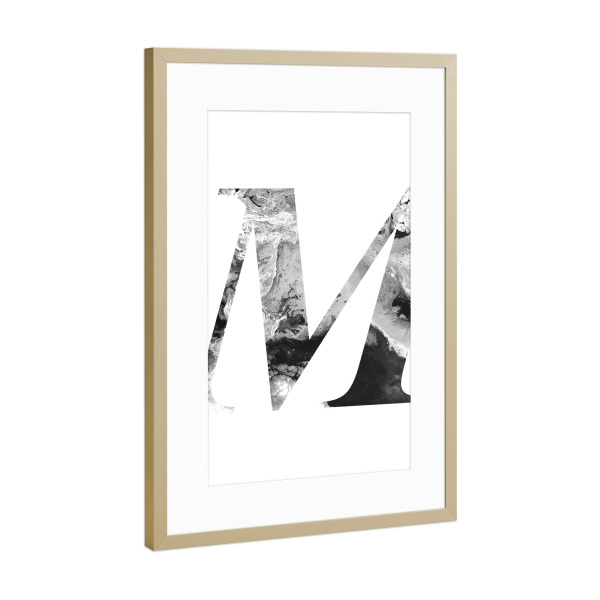 Poster mit Rahmen Gold "Buchstabe Alphabet M" artboxONE - Typografie,Schwarzweiß,Buchstaben,Buchstaben / M