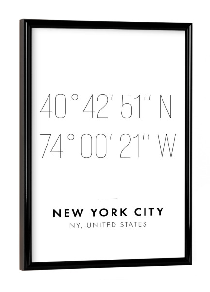 Poster mit schwarzem Rahmen "Koordinaten New York" artboxONE - Städte,Städte / New York,Reise,Schwarzweiß,Kartografie