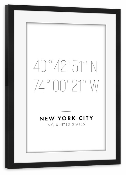 Poster mit Rahmen schwarz "Koordinaten New York" artboxONE - Städte,Städte / New York,Reise,Schwarzweiß,Kartografie