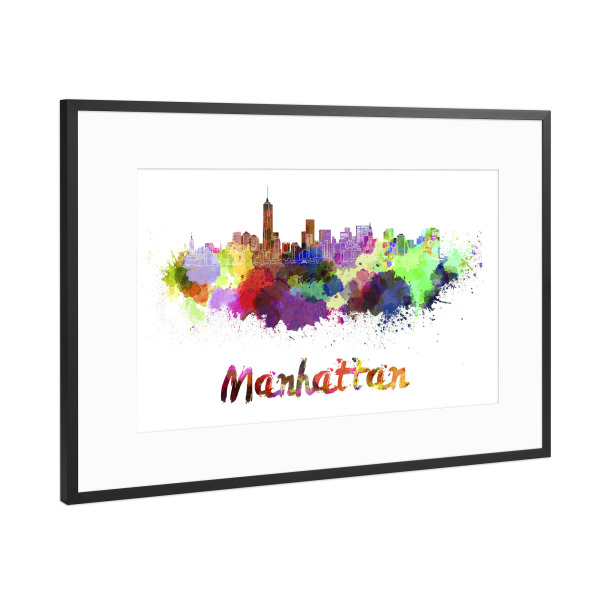 Poster mit Rahmen Schwarz (Metallic) "MANHATTAN Skyline in Aquarell-b" artboxONE - Städte,Abstrakt,Architektur
