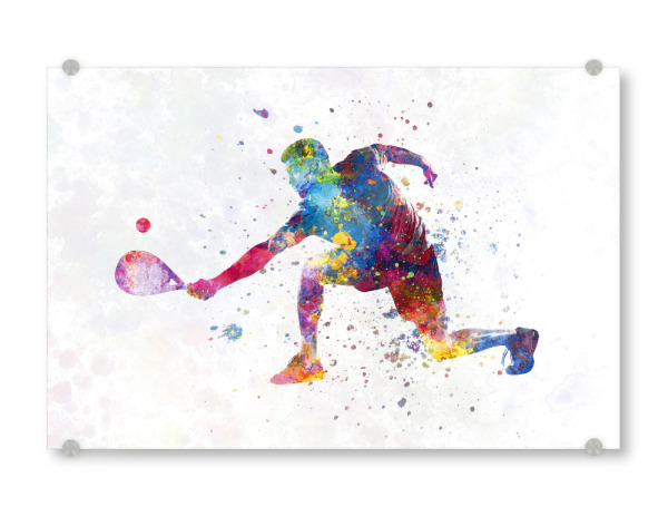 Acrylglasbild "Aquarell-Paddelspieler-b" artboxONE - Abstrakt,Sport - Paddel,Tennispaddel,Schläger,Ball,Sport,Sport,Aquarell,Sportler,Sprung,Bunt