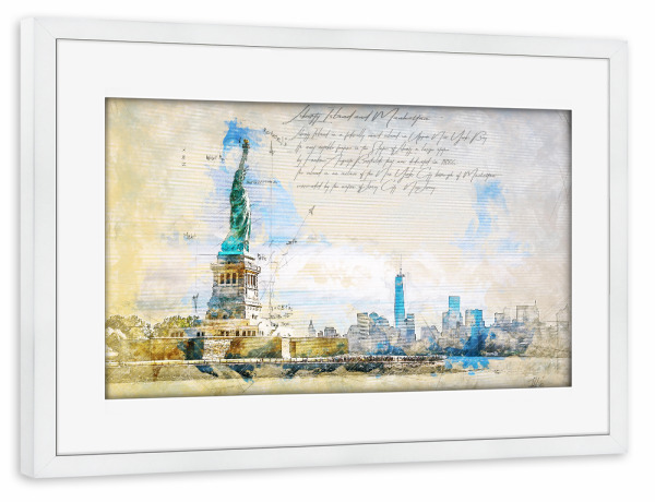 Poster mit Rahmen weiß "Liberty Island und Manhattan" artboxONE - Städte / New York,Architektur,Reise / Länder