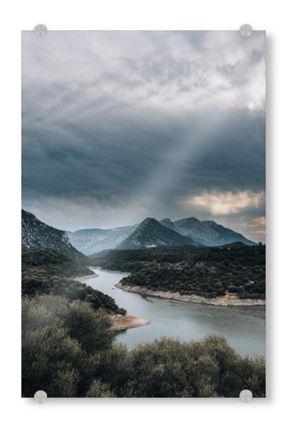 Acrylglasbild "Along the River" artboxONE - Natur,Reise,Reise / Länder - Reise,Landschaft,Berge,Fluss,Landscape,Mystic,Mystisch,Wolken,Nature