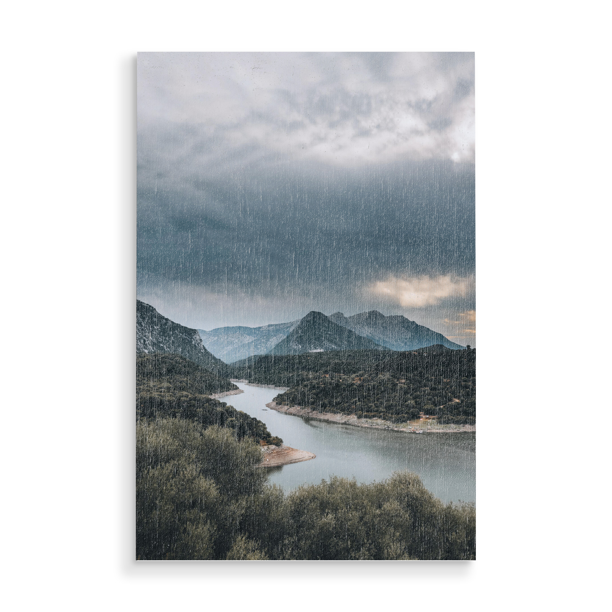 Holzbild "Along the River" artboxONE - Natur,Reise,Reise / Länder - Reise,Landschaft,Berge,Fluss,Landscape,Mystic,Mystisch,Wolken,Nature