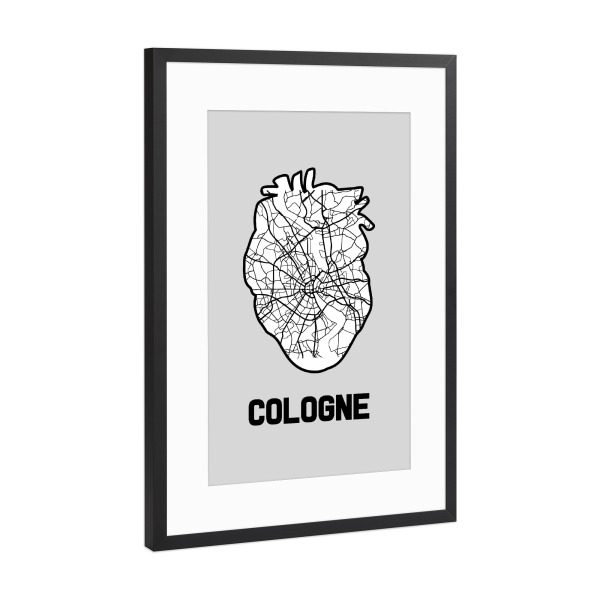 Poster mit Rahmen Schwarz (Metallic) "Kölner Herzkarte - weiß" artboxONE - Städte / Köln,Reise,Kartografie