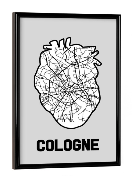 Poster mit schwarzem Rahmen "Kölner Herzkarte - weiß" artboxONE - Städte / Köln,Reise,Kartografie