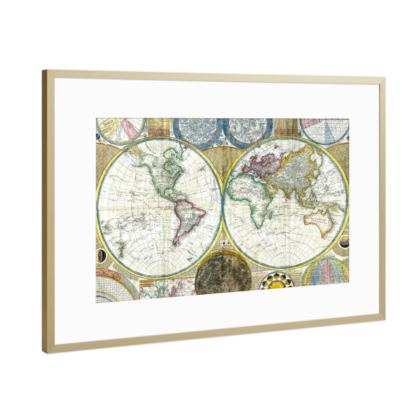 Poster mit Rahmen Gold "Map of the world" artboxONE - Reise,Kartografie - Karte,Flach,Jahrgang,Antik,Retro,Alt,Karten,Karte der welt,Illustration