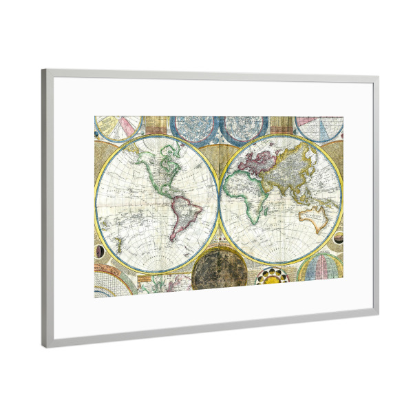 Poster mit Rahmen Silber "Map of the world" artboxONE - Reise,Kartografie - Karte,Flach,Jahrgang,Antik,Retro,Alt,Karten,Karte der welt,Illustration