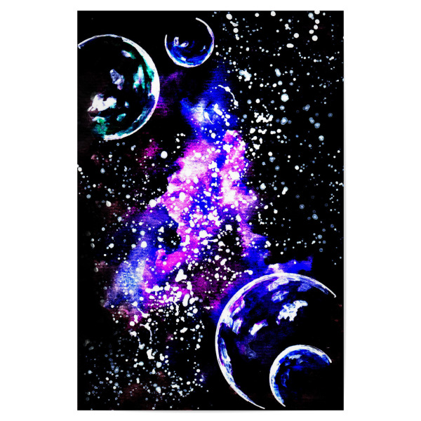 Poster "Lila Galaxie mit Planeten" artboxONE - Galaxy - Galaxie,Universum,Planeten,Sterne,Nebel,Weltraum,Mond,Wasserfarben,Schwarz