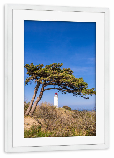 Poster mit Rahmen weiß "Gestrüpp, Baum, Leuchtturm" artboxONE - Natur,Reise,Architektur