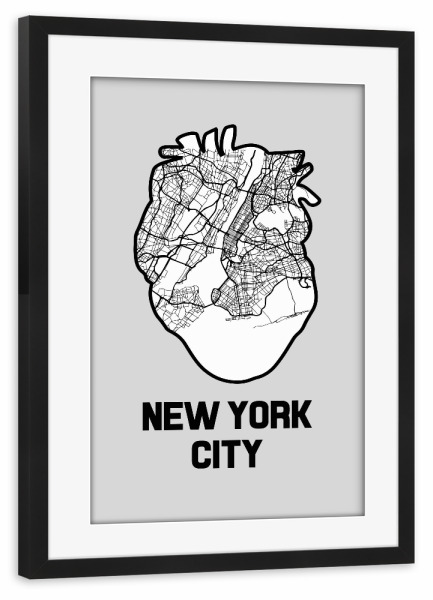 Poster mit Rahmen schwarz "Herzkarte von New York City" artboxONE - Städte / New York,Kartografie