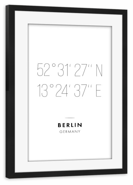 Poster mit Rahmen schwarz "Koordinaten Berlin" artboxONE - Städte,Städte / Berlin,Reise,Schwarzweiß,Kartografie