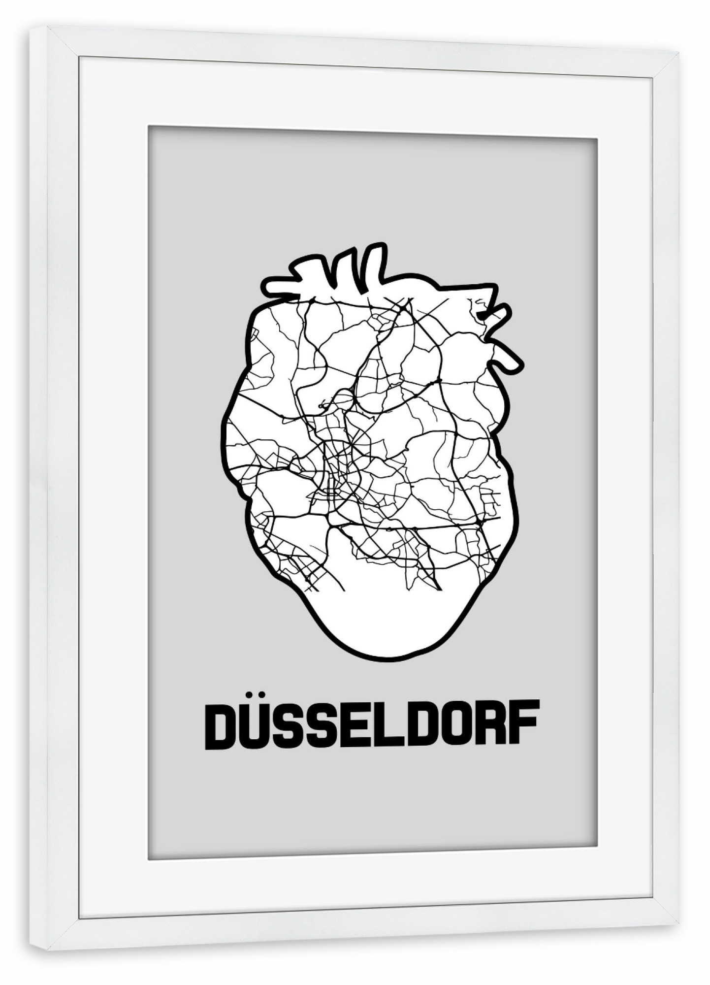 Poster mit Rahmen weiß "Düsseldorf Herzkarte - weiß" artboxONE - Reise,Städte / Düsseldorf,Kartografie