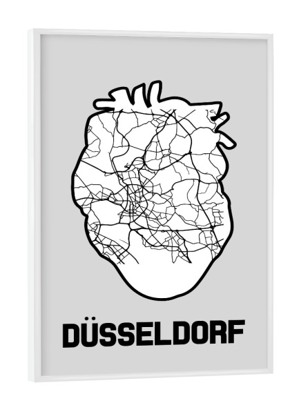 Poster mit weißem Rahmen "Düsseldorf Herzkarte - weiß" artboxONE - Reise,Städte / Düsseldorf,Kartografie