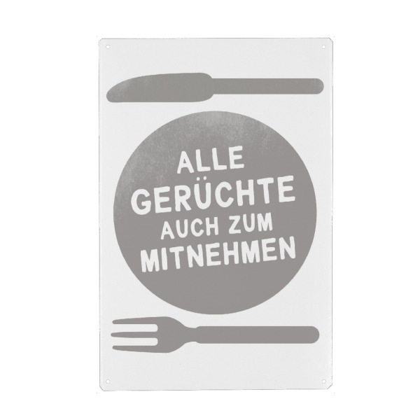 Metall Poster "Gerüchte zum Mitnehmen I Set grau" artboxONE - Typografie,Essen & Trinken,Schwarzweiß,Lustig