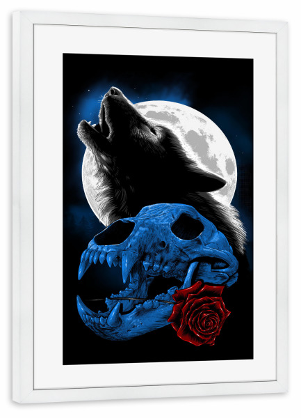 Poster mit Rahmen weiß "Wolf heult unter dem Mond" artboxONE - Tiere - Wolf,Skelett,Schädel,Hund,Haustier,Mond,Vollmond,Blume,Tier,Natur,Wald,Tierwelt
