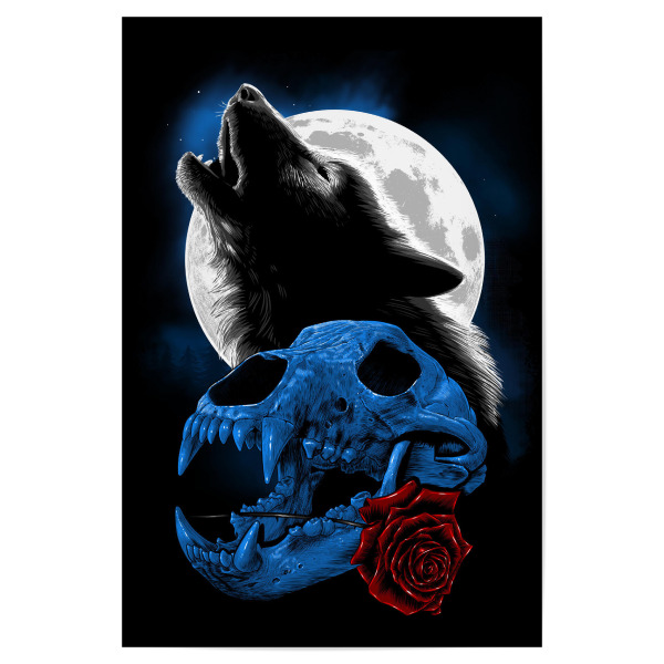 Poster "Wolf heult unter dem Mond" artboxONE - Tiere - Wolf,Skelett,Schädel,Hund,Haustier,Mond,Vollmond,Blume,Tier,Natur,Wald,Tierwelt