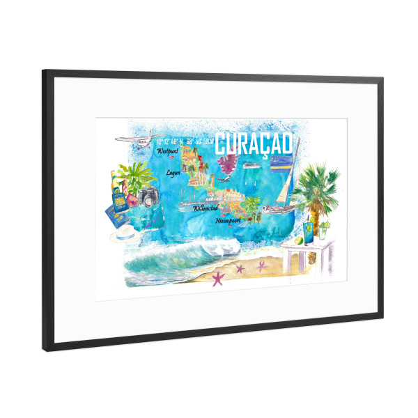 Poster mit Rahmen Schwarz (Metallic) "Curacao Illustrierte Reise Karte" artboxONE - Reise,Reise / Strand und Meer,Kartografie
