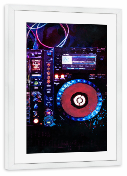 Poster mit Rahmen weiß "DJ Set Musik Aquarellkunst" artboxONE - Musik - Musiker,Dj,Dj-set,Konsole,Musik,Aufzeichnung,Aquarell,Ton