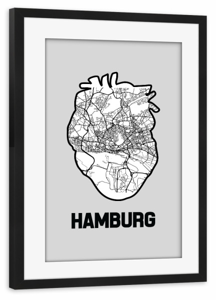 Poster mit Rahmen schwarz "Hamburg Herzkarte - weiß" artboxONE - Städte / Hamburg,Reise,Kartografie