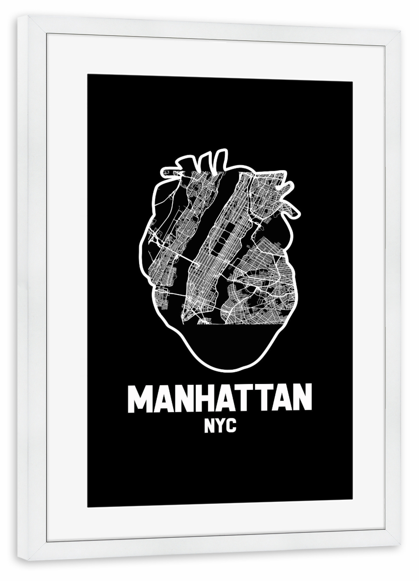 Poster mit Rahmen weiß "Manhattan New York Herzkarte" artboxONE - Städte / New York,Reise,Kartografie