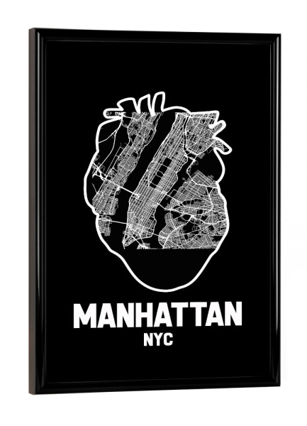 Poster mit schwarzem Rahmen "Manhattan New York Herzkarte" artboxONE - Städte / New York,Reise,Kartografie