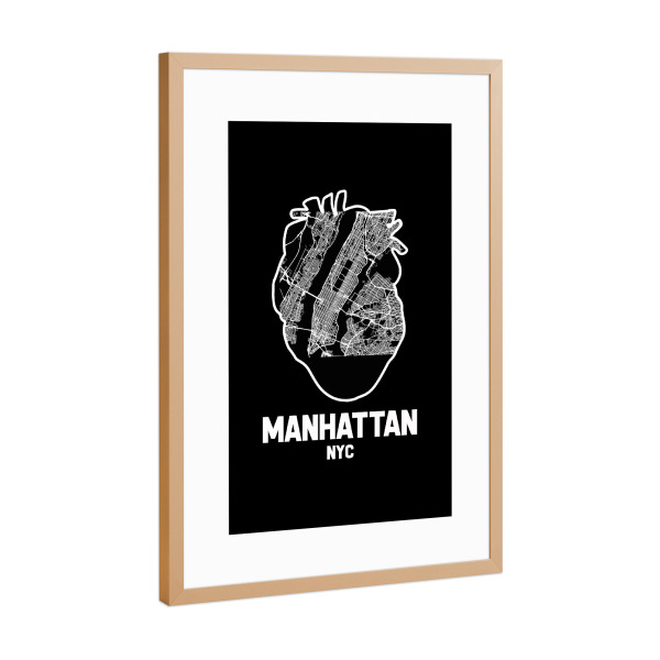 Poster mit Rahmen Kupfer "Manhattan New York Herzkarte" artboxONE - Städte / New York,Reise,Kartografie