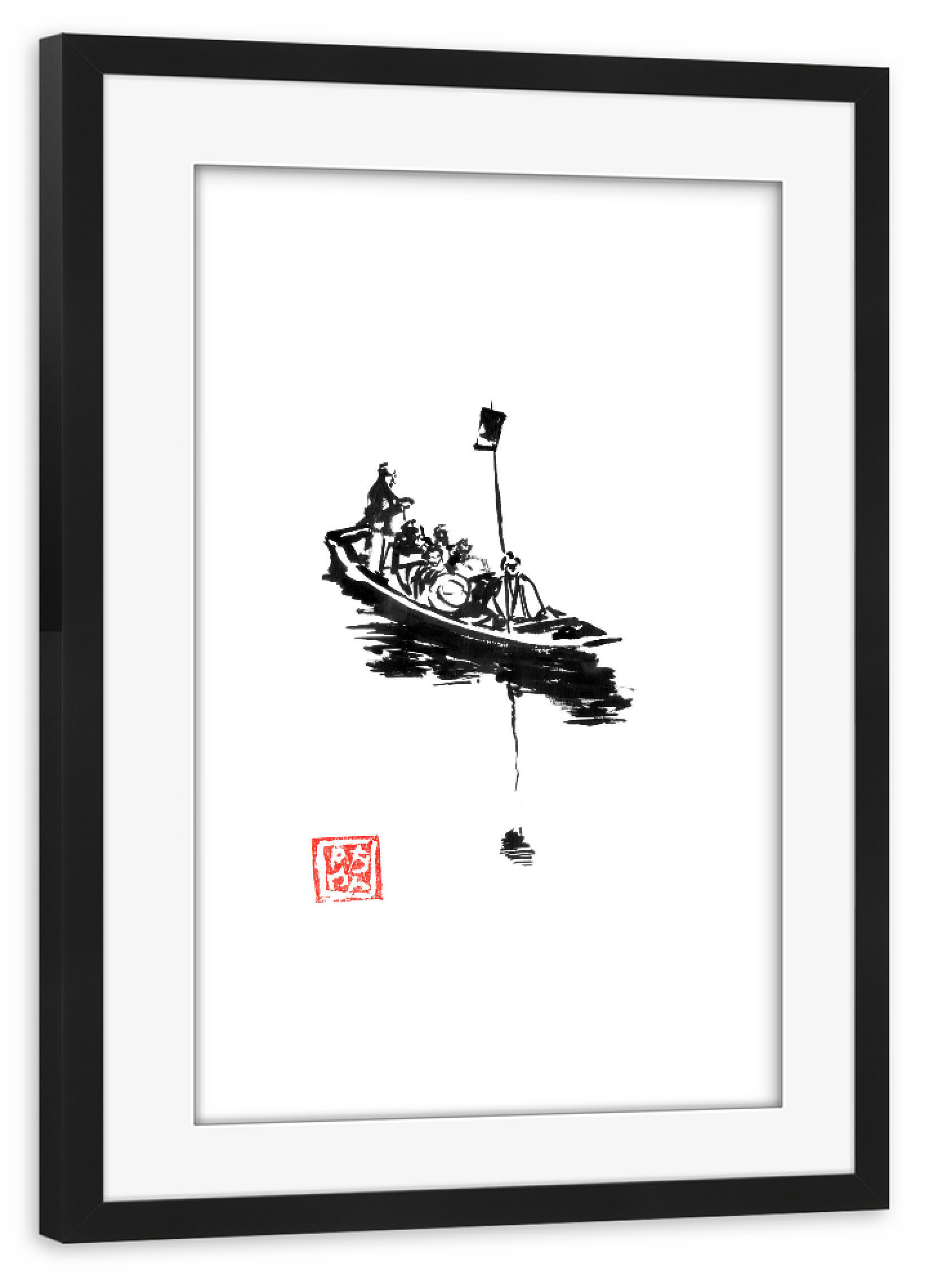 Poster mit Rahmen schwarz "Japanisches kleines Boot" artboxONE - Natur,Schwarzweiß - Sumie,Japan,Boot,Schwarzweiß