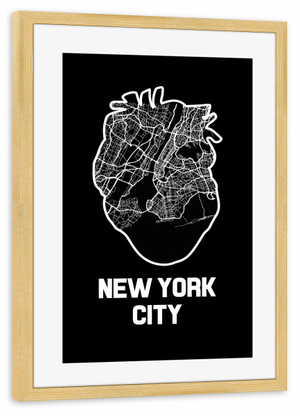 Poster mit Rahmen kiefer "New York City Herzkarte - schwarz" artboxONE - Städte / New York,Kartografie