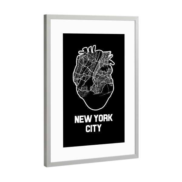 Poster mit Rahmen Silber "New York City Herzkarte - schwarz" artboxONE - Städte / New York,Kartografie