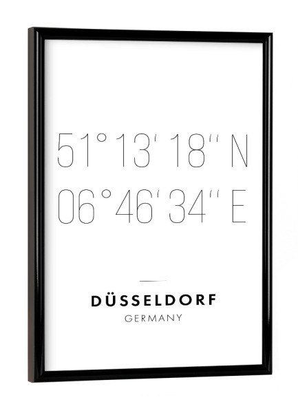 Poster mit schwarzem Rahmen "Koordinaten Düsseldorf" artboxONE - Städte,Reise,Schwarzweiß,Städte / Düsseldorf,Kartografie