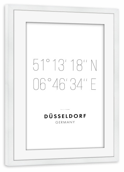 Poster mit Rahmen weiß "Koordinaten Düsseldorf" artboxONE - Städte,Reise,Schwarzweiß,Städte / Düsseldorf,Kartografie