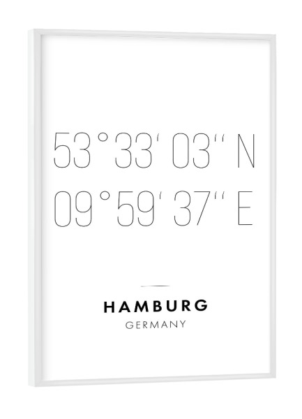 Poster mit weißem Rahmen "Koordinaten Hamburg" artboxONE - Städte,Städte / Hamburg,Reise,Schwarzweiß,Kartografie